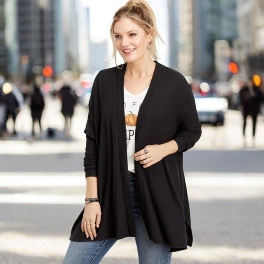 Talbots Black Open Front Blazer Duster Knit Sheer Back Women's Size M 26.5"